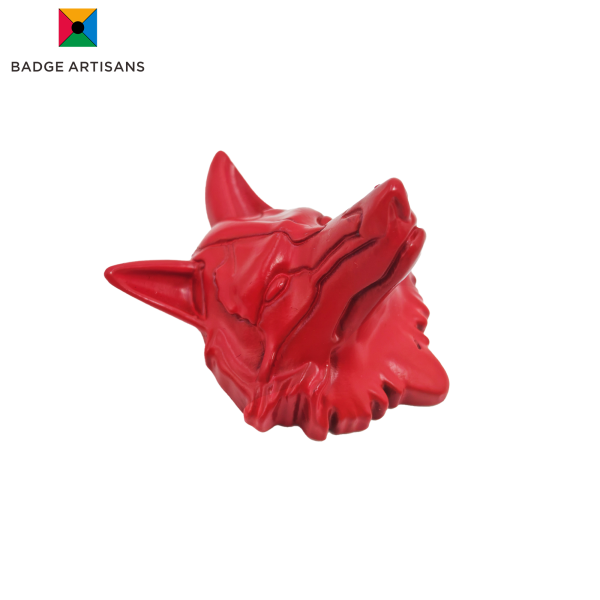 Front view of red wolf head custom fridge magnet in zinc alloy