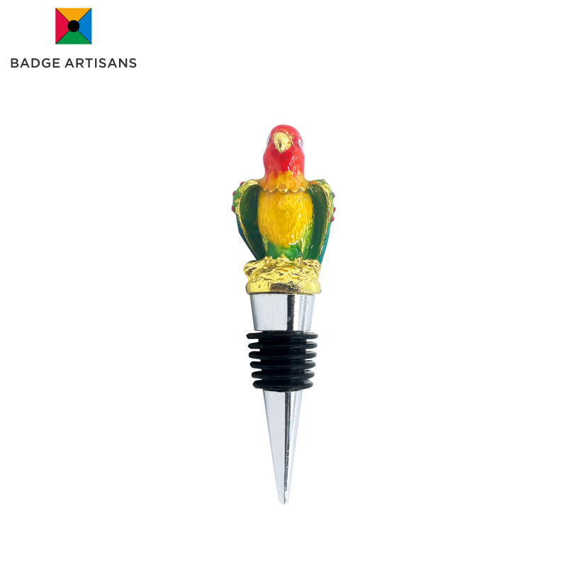 Custom wine stopper featuring a colorful bird design with 3D pearl paste finish and lead tin alloy material – ideal for wine lovers and events