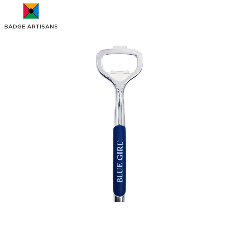 Custom metal bottle opener with BLUE GIRL logo printed on ergonomic blue handle and chrome-plated head