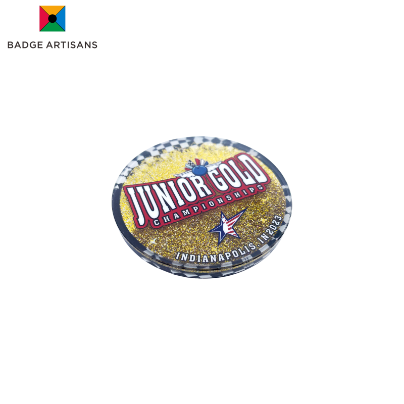 Custom Fridge Magnet with Flowing Glitter Finish – Junior Gold Championship 2023 Design in Gold and Red with Checkered Border