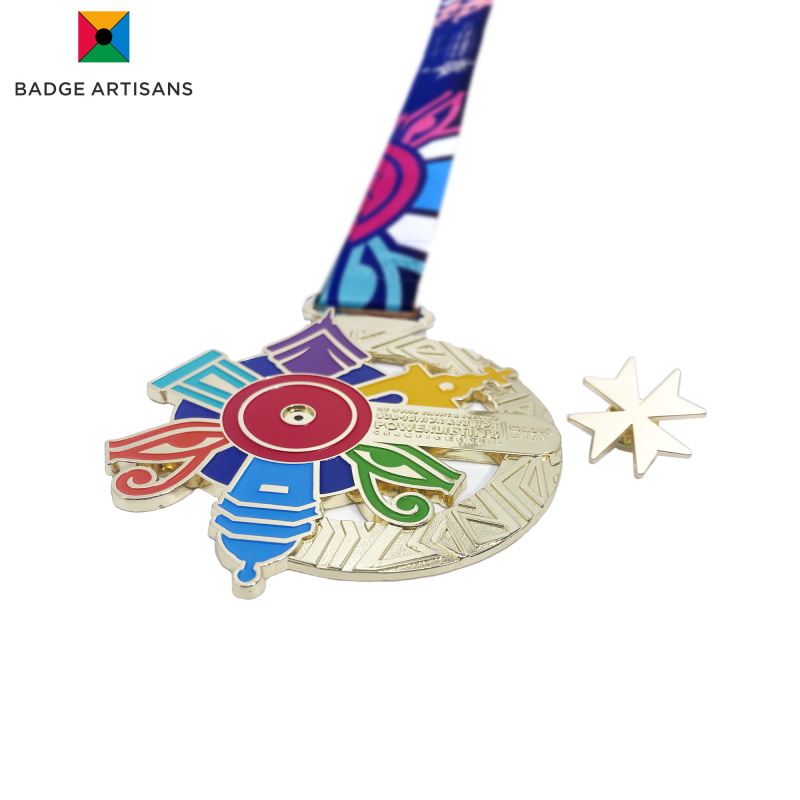 Disassembled view of the World Junior Classic Powerlifting Championships Malta 2025 medal, showing the main medal and the detachable star badge separately.