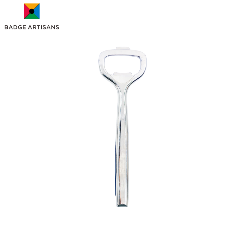 Custom metal bottle opener with BLUE GIRL logo printed on ergonomic blue handle and chrome-plated head