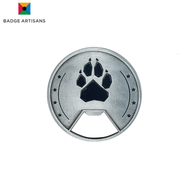Zinc alloy custom bottle opener with black paw print in soft enamel