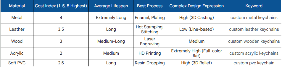 Custom Keychain Material Showdown: Metal, Acrylic, PVC, Leather, and Wood – Which is Best for Your Budget and Design? 7 Comprehensive Comparison Chart Cost, Lifespan, and Design Complexity