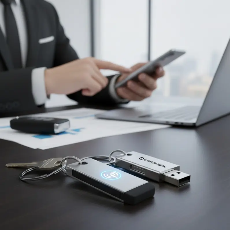 tech keychains featuring integrated Near Field Communication (NFC) chips or small USB drives