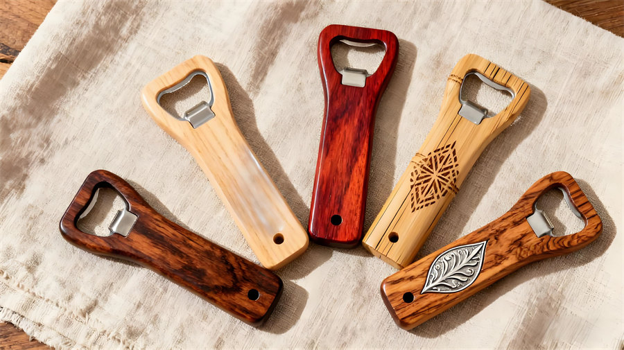 Collection of wooden openers displaying diverse wood types and finishes.