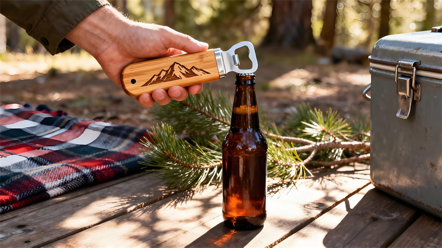 Eco-friendly lifestyle scene with wooden opener in outdoor setting